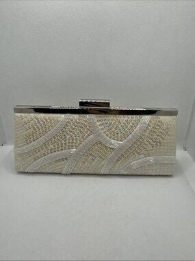 Nordstrom Ivory Sequin Beaded Clutch Purse Satin Lining Evening Wedding Prom Bag